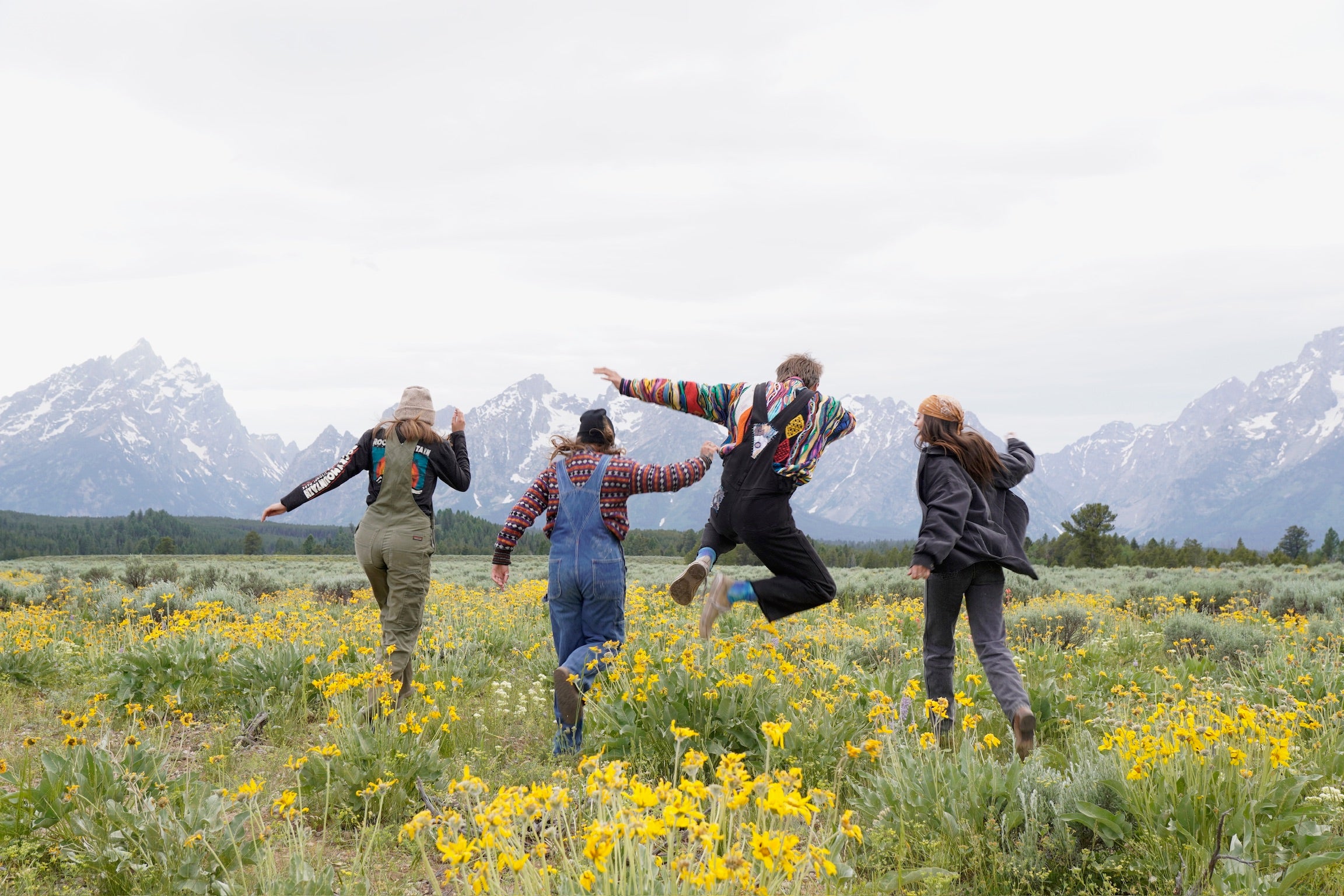 Four people jumping in a field of yellow flowers with mountains in the background